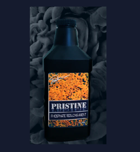 Bottle of 'Pristine' phosphate reducing agent with a textured gray background