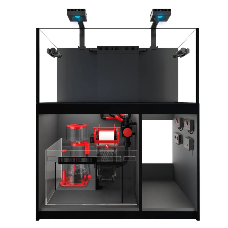 Black and red gaming setup with a monitor and speakers on a white background