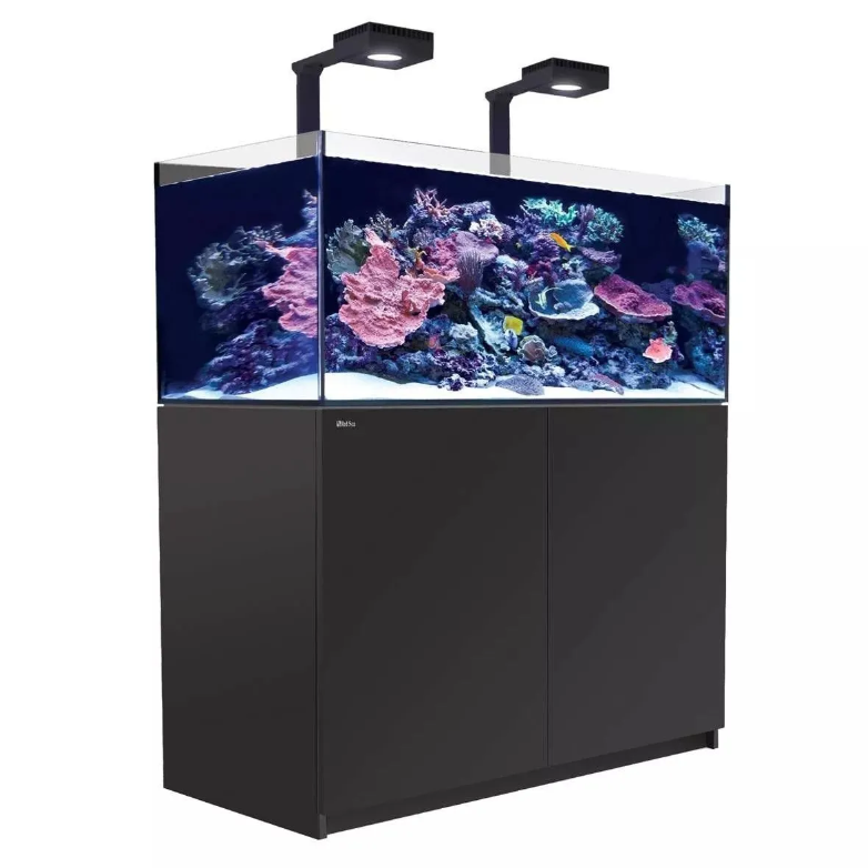 Large aquarium with coral and fish on a white background black stand reefer 42