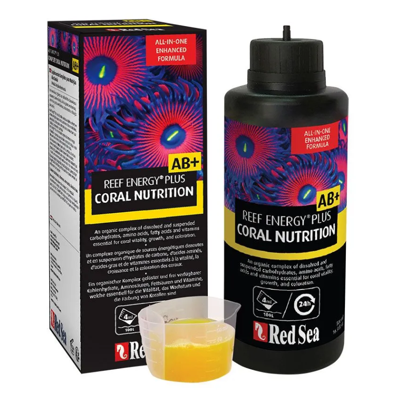 Red Sea Reef Energy Plus Coral Nutrition packaging and bottle on a white background