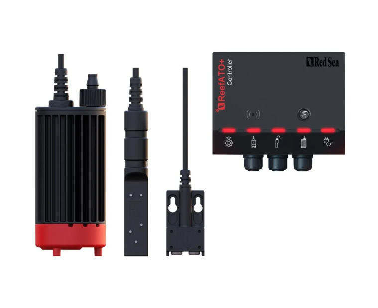 Set of electronic components including a black and red device, a black antenna, and a control panel with RedSeal branding on a white background.
automatic top off including a pump, temperature sensor, water level sensor, leak detector and controller
