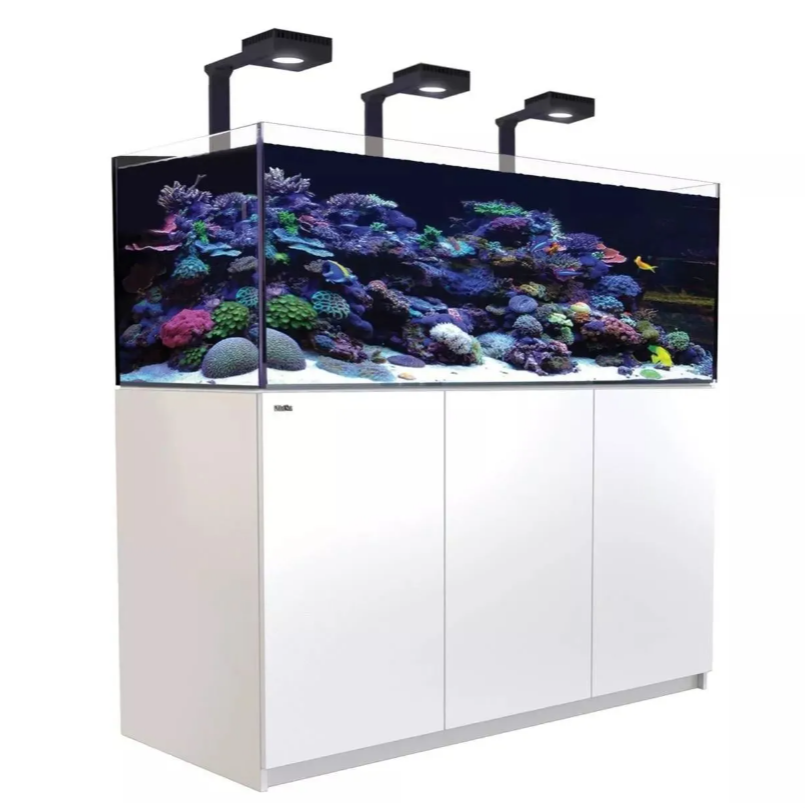 Large aquarium with white stand colorful coral and fish on a white cabinet
