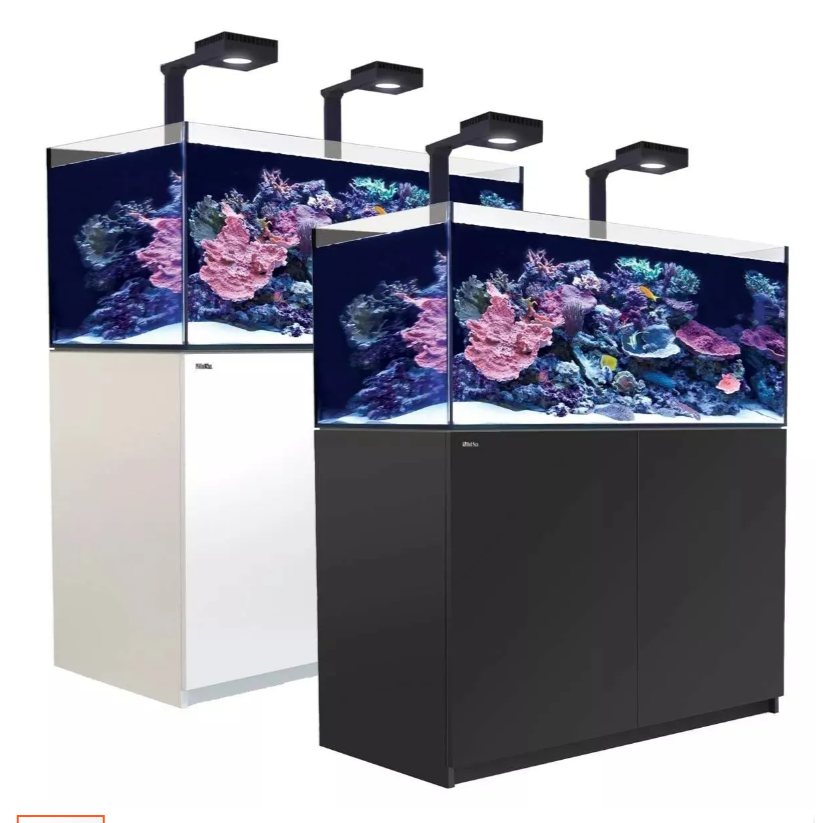 Two aquariums with coral and fish on a white background reefer 425 with reef led lighting white and black stand