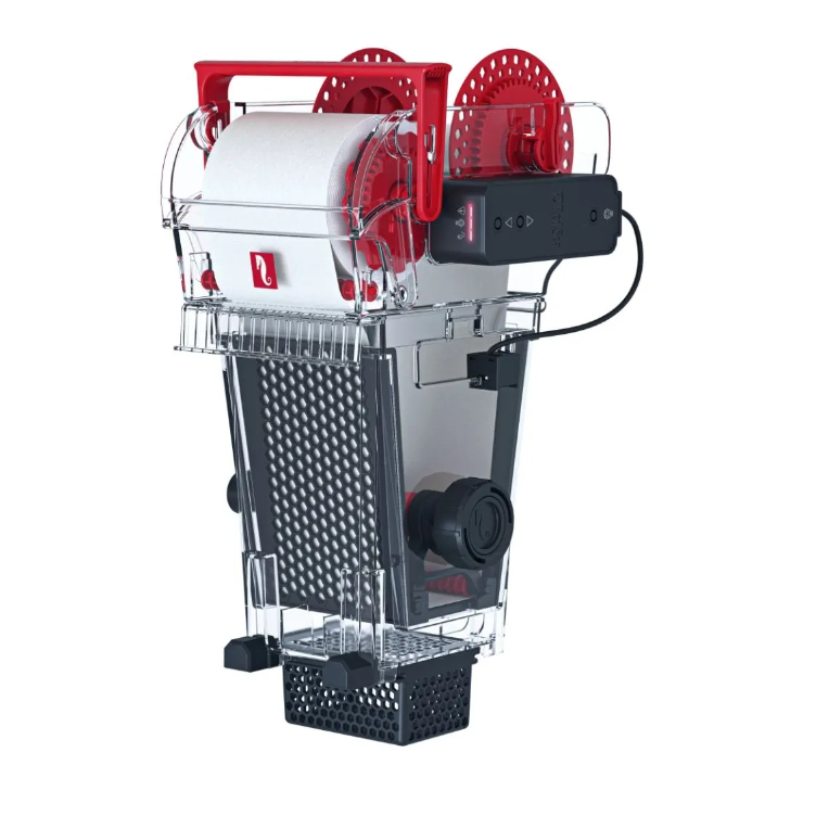 Clear machine called a reef mat with red and black components on a white background. it is a fleece mat filter for aquariums