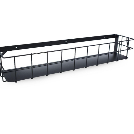 Black metal wall-mounted shelf on a white background
