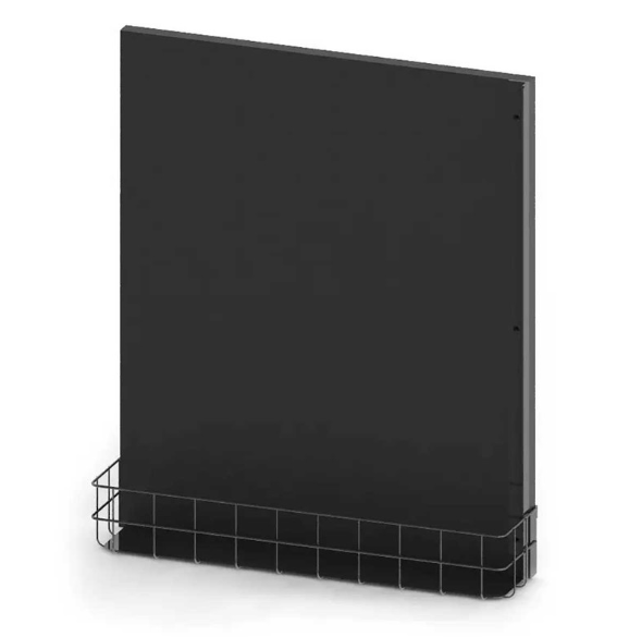 Black wall-mounted board with a grid shelf on a white background