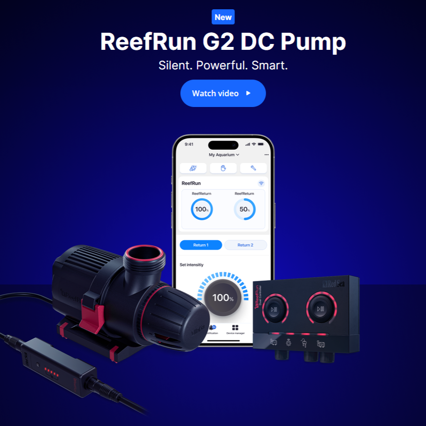 ReefRun G2 DC Pump with smartphone app on a blue background