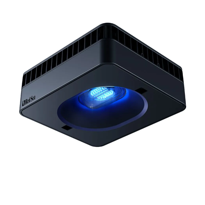 Black square light fixture with blue interior on a white background called a reef led 115 by red sea brand