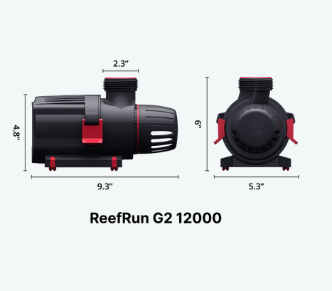Dimensions of ReefRun G2 12000 pump on a white background