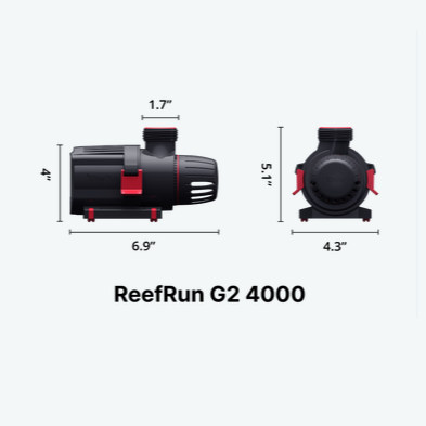 Dimensions of ReefRun G2 4000 pump on a white background