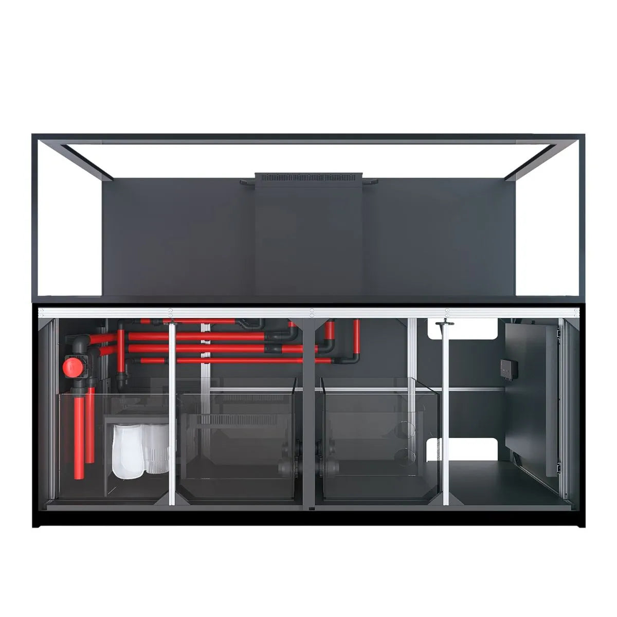 aquarium on stand showing plumbing and sump compartmentst