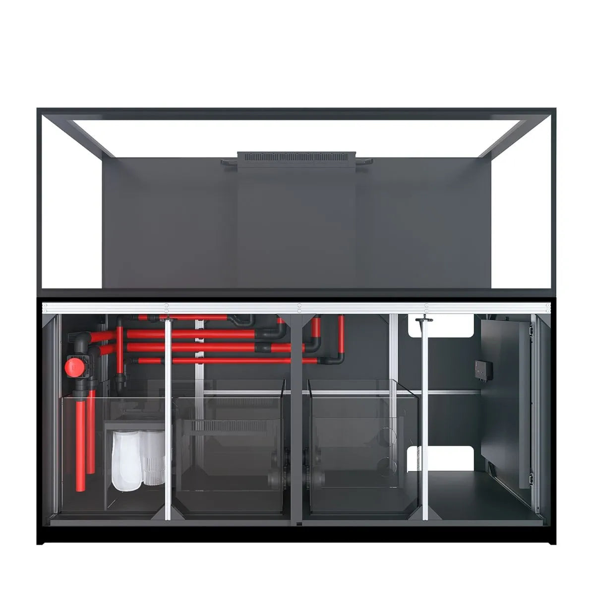 Internal components of a red sea reefer showing plumbing, sump and control panel on a white background
