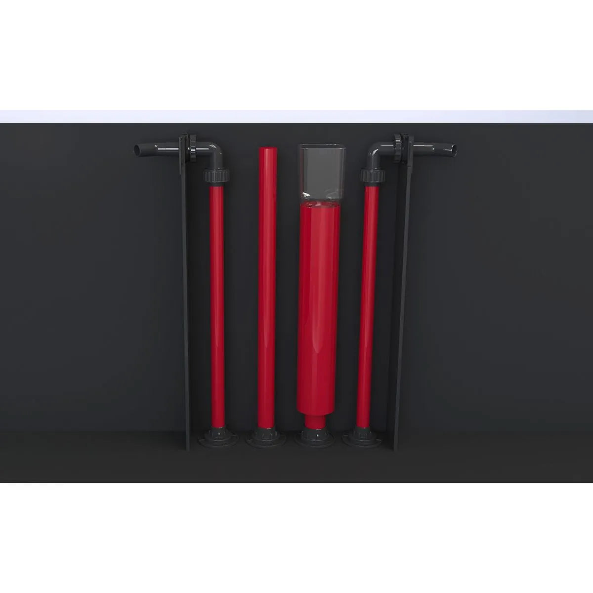 Red pipes with black connectors on a black background