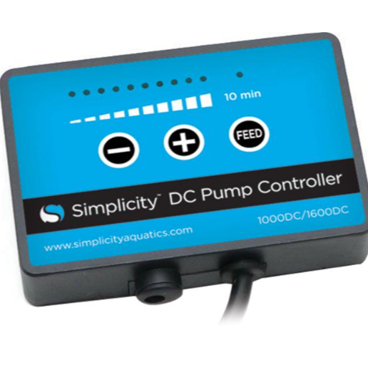 Simplicity DC Pump Controller with blue display and black casing on a white background showing ramping options and a feed button