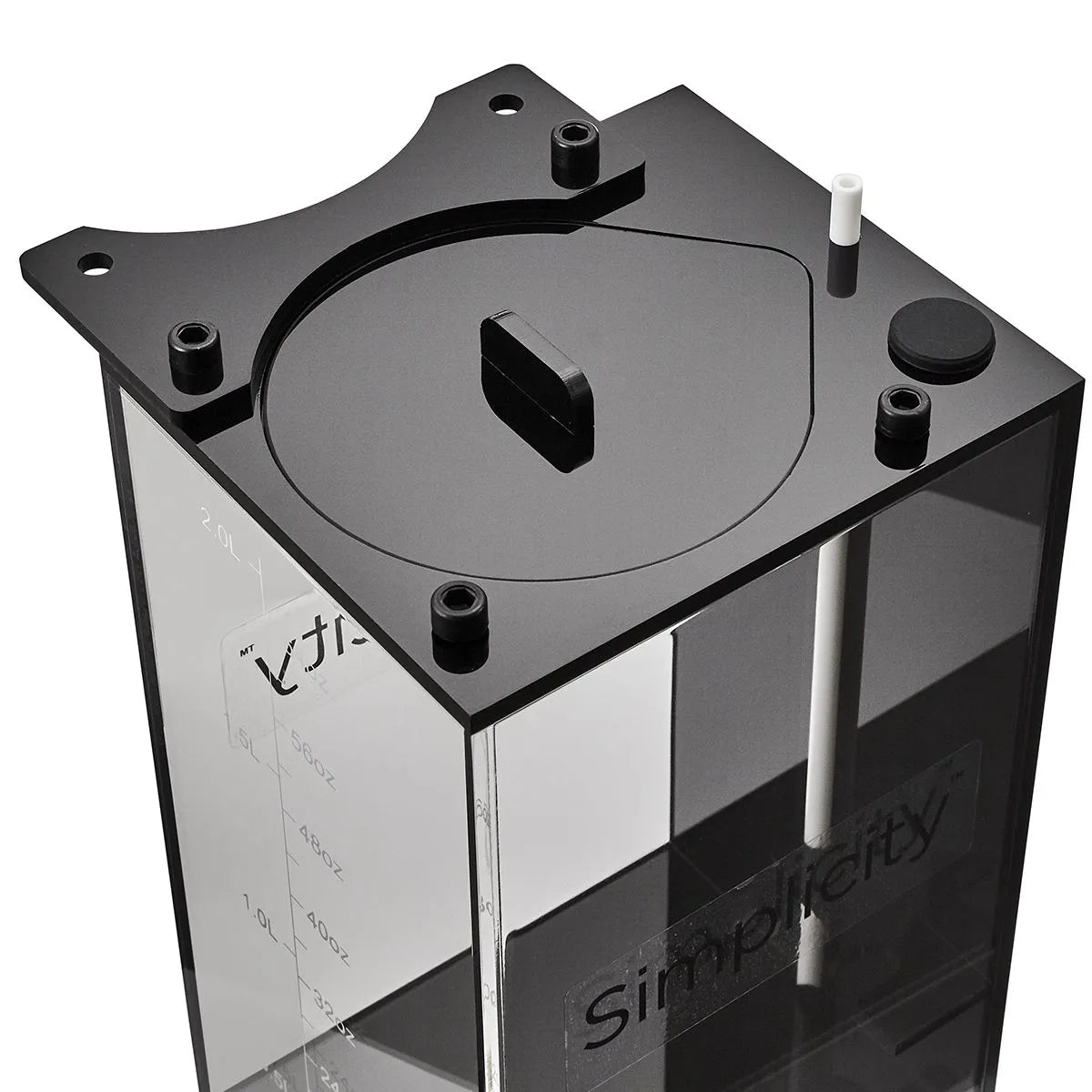 Black and clear container with measurement markings on a white background