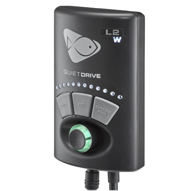 Black electronic device with control buttons and a green indicator light on a white background