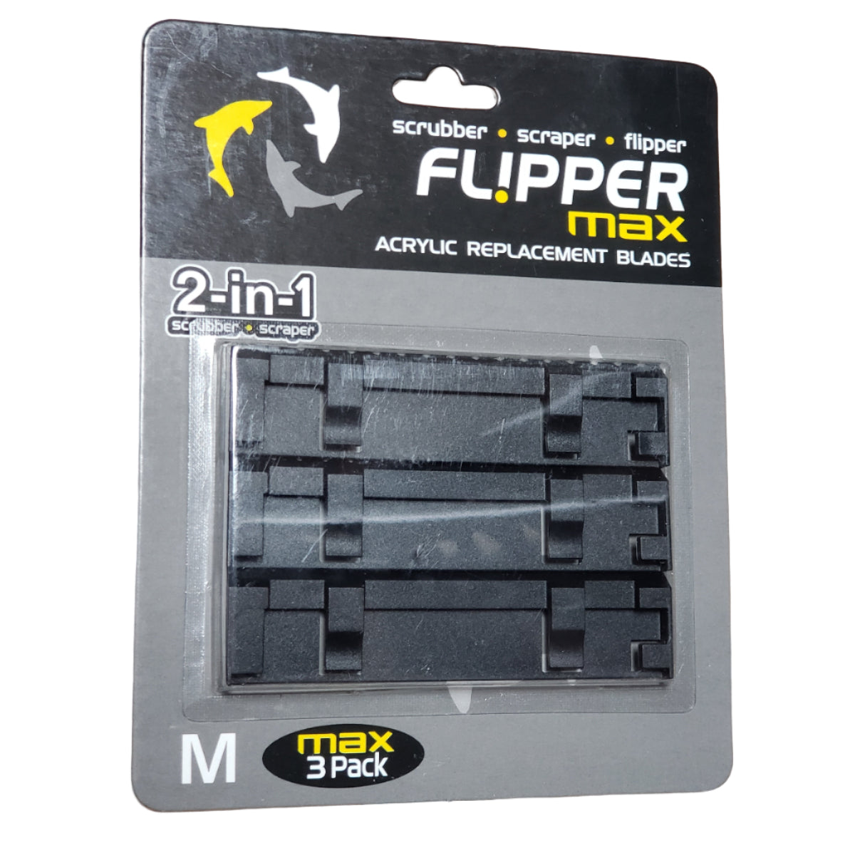 Packaging of Flipper MAX acrylic scraper blades showing the product through a clear plastic window. The blades are black, and the packaging has the Flipper brand and product information.
