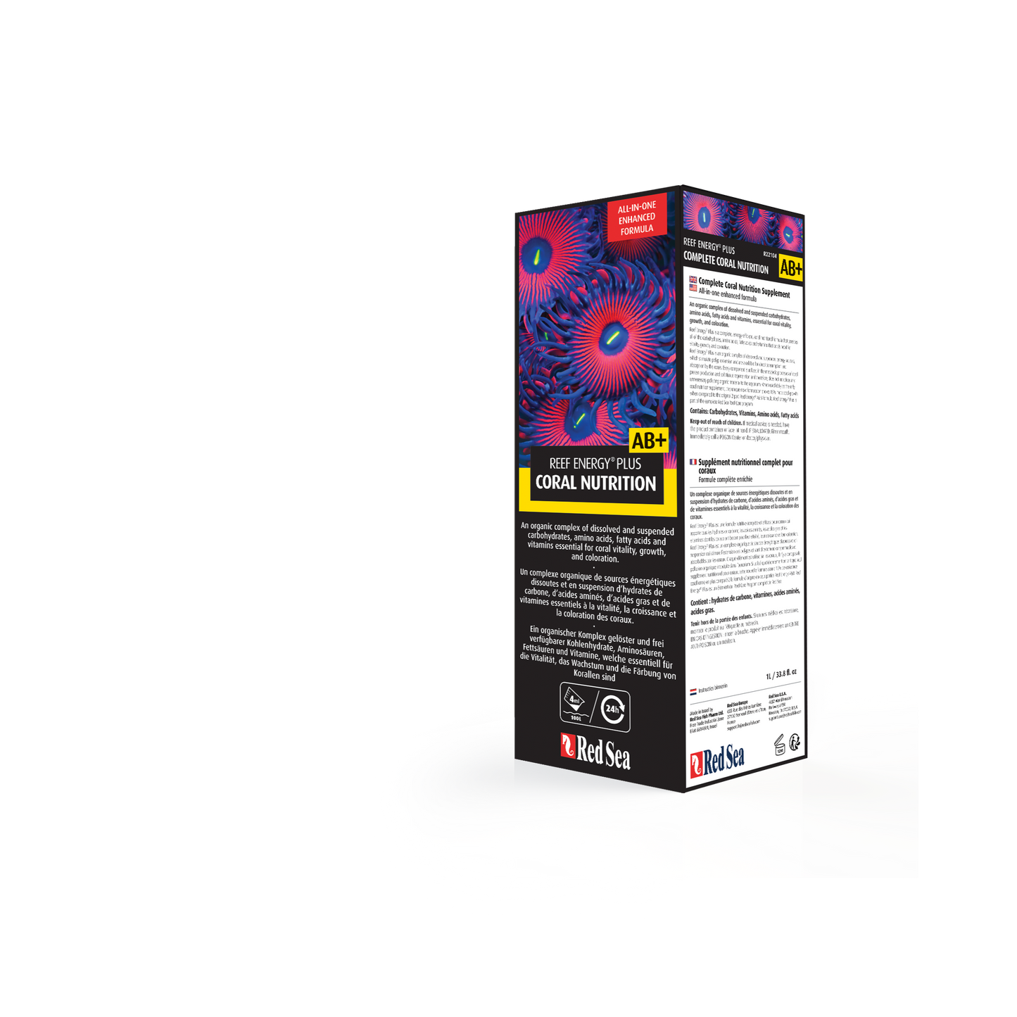 A product packaging of Red Sea Reef Energy Plus which is a liter-sized bottle for aquarium use.
