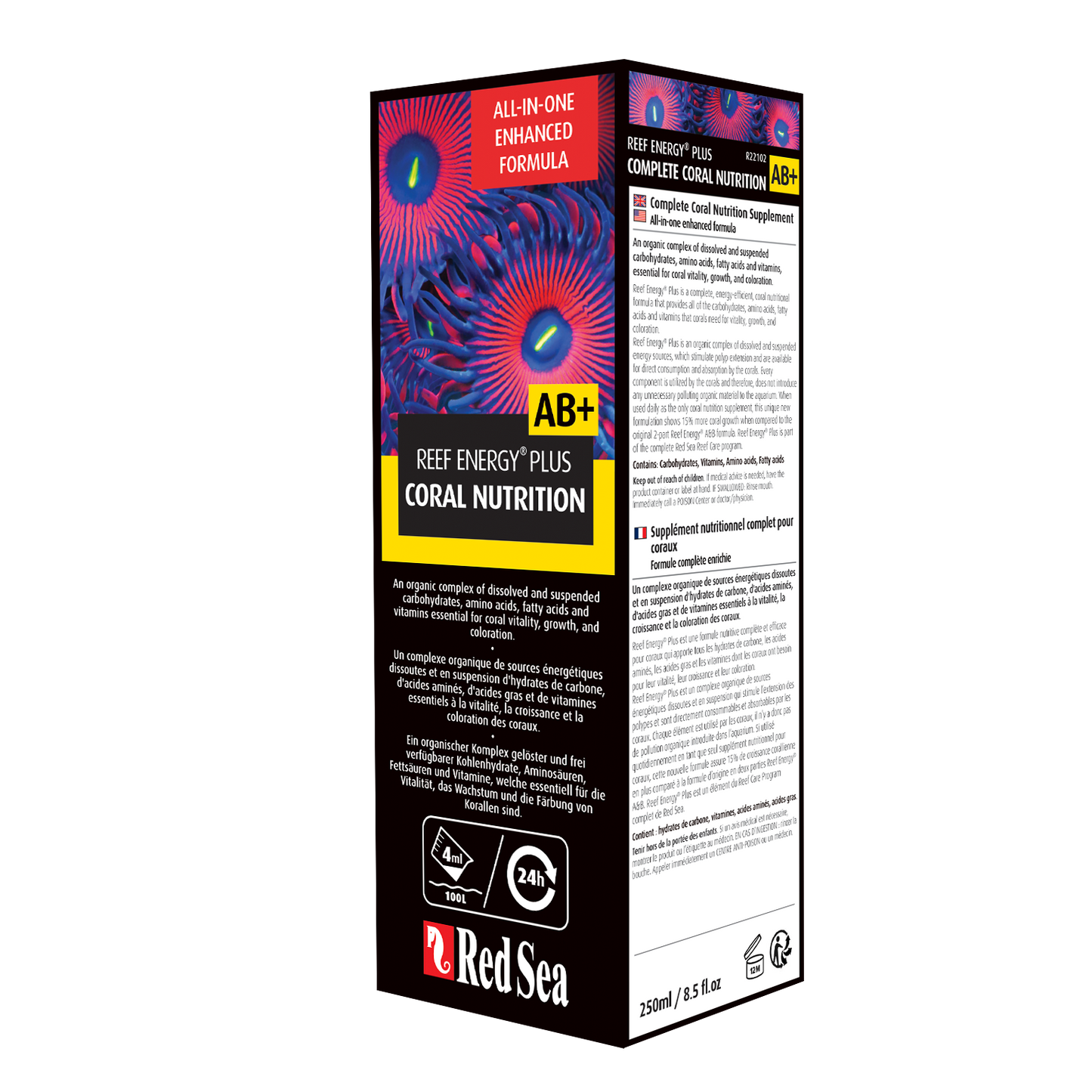 A product packaging of Red Sea Reef Energy Plus, a liquid coral nutrition supplement.