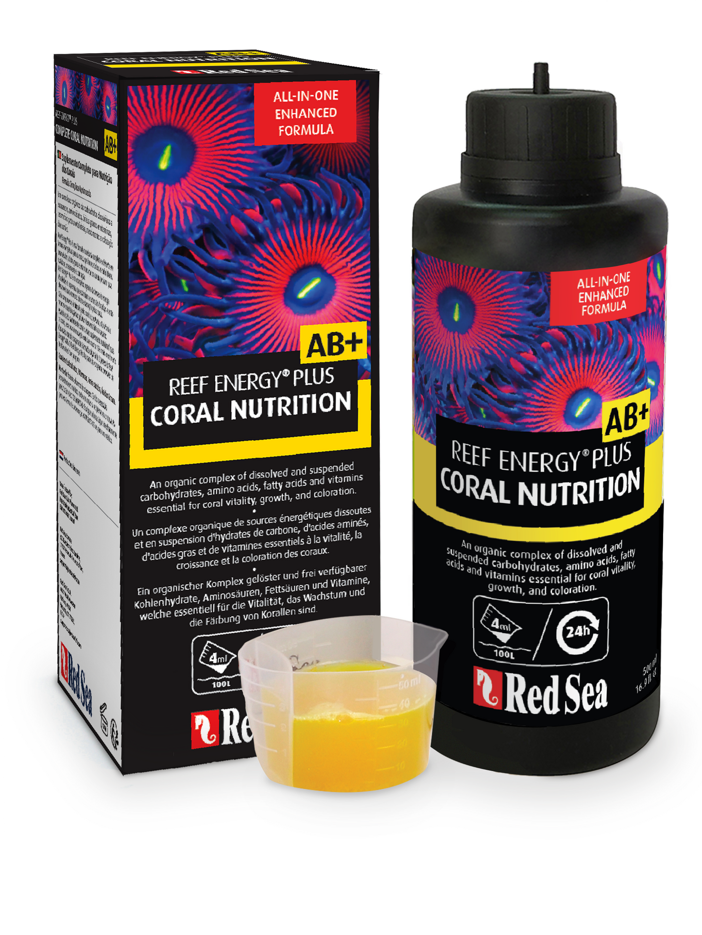 A product image showing a bottle of Red Sea Reef Energy Plus coral nutrition liquid and its packaging box.