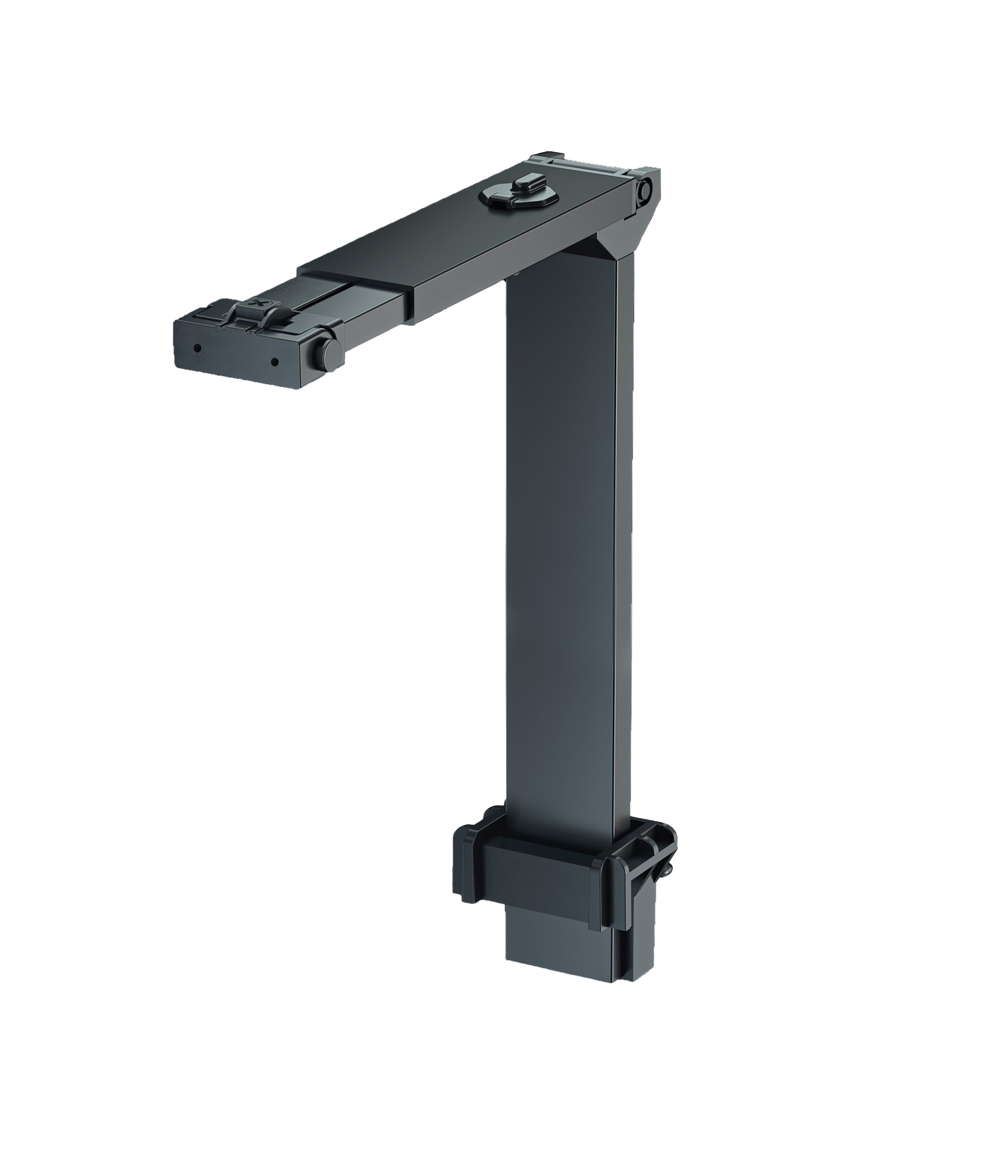 Black metal mounting bracket for an aquarium light, with adjustable features and a central attachment point.