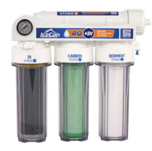 An IceCap RODI Unit with 4 Stage filtration system for aquarium water, featuring three filter canisters and a control panel with gauges and settings.
