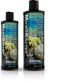 Two bottles of Brightwell MicroBacter7 Bioculture, one with a 250 ml label and another with a 500 ml label, both designed for use in saltwater aquariums.