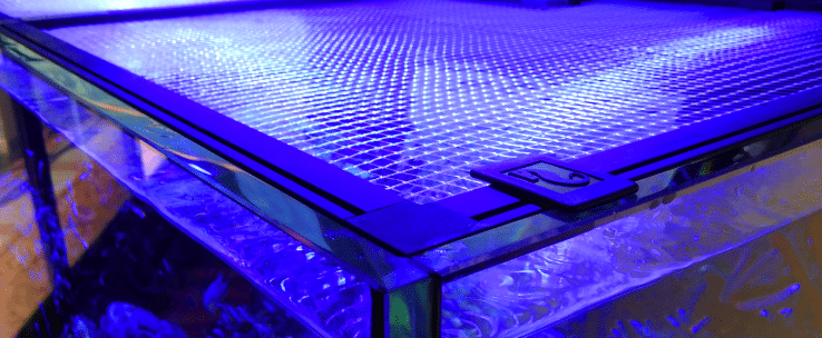A blue net screen designed to fit on top of a aquarium lid, featuring a universal cut out.