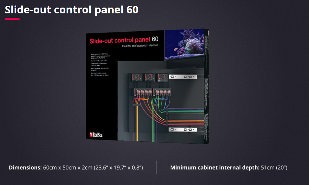 A promotional image featuring the Red Sea 60-Control Panel, which is designed for slide-out mounting in aquariums. The panel has dimensions of 60 cm in width, 42 cm in height, and 7 cm in depth, and includes a dimmer switch for lighting control.