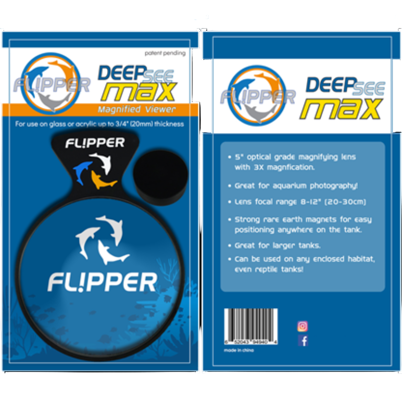 Packaging for the Flipper MAX DeepSee Magnetic Aquarium Viewer, featuring the product name and details, with a blue and white color scheme.