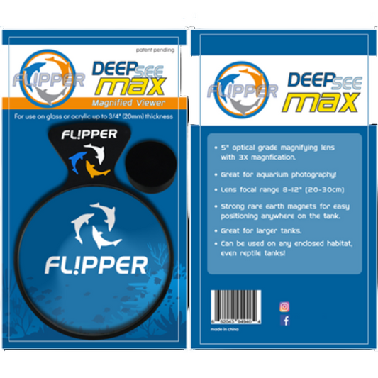 Packaging for the Flipper MAX DeepSee Magnetic Aquarium Viewer, featuring the product name and details, with a blue and white color scheme.