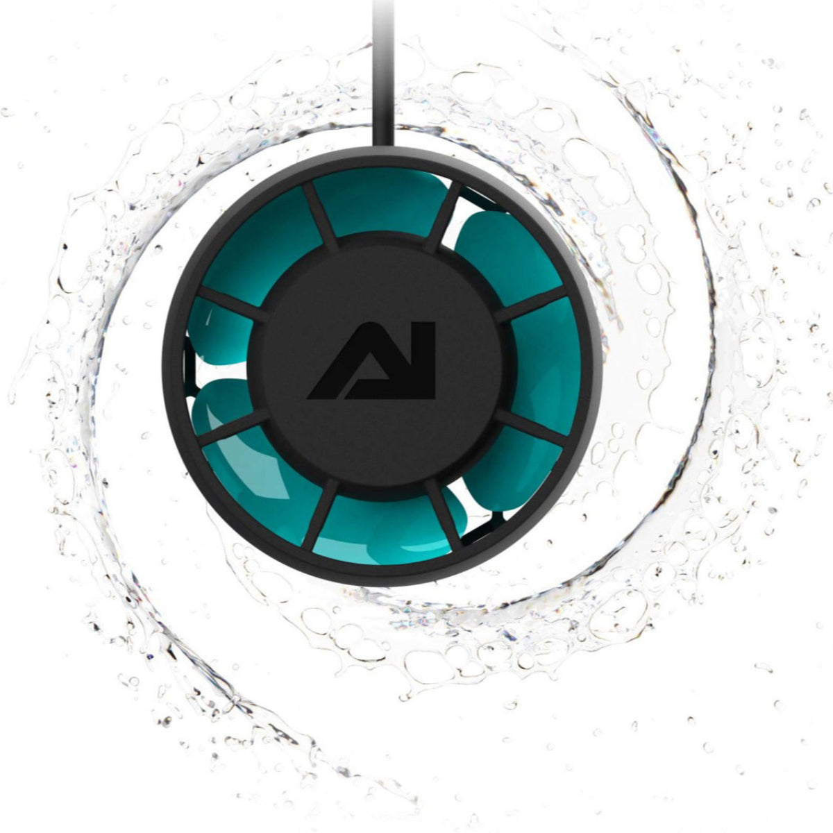 A black and teal colored AI Nero 5 Pump with water splashing around it, indicating its use for circulation or filtration.