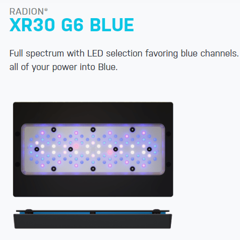 An image showing the Radion G6 XR30 Blue LED light, which has a full spectrum with LED selection favoring blue channels. The product appears as a rectangular panel with numerous blue-toned LED lights.