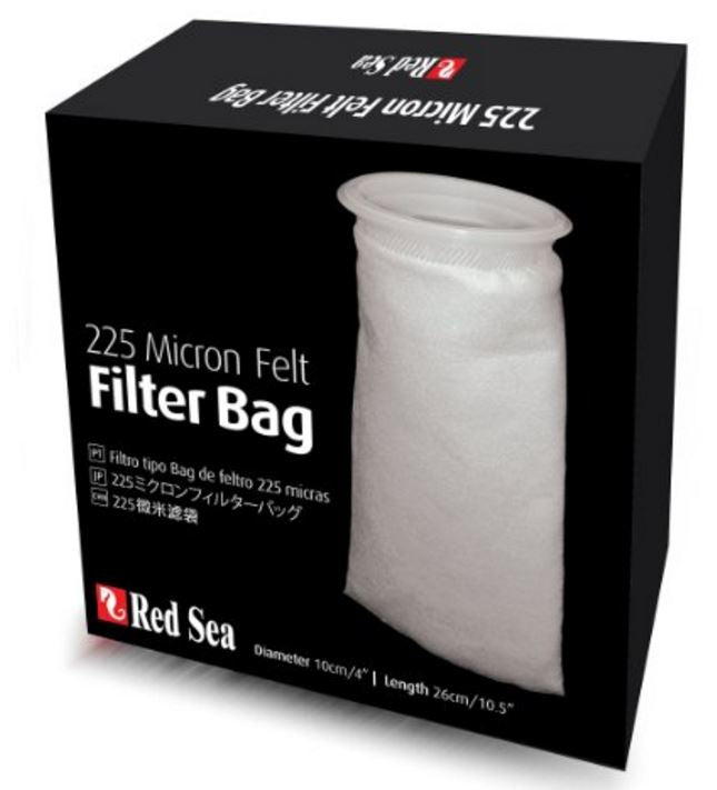 Packaging of Red Sea 225 Micron Felt Filter Sock showing the product box with an image of the filter bag.