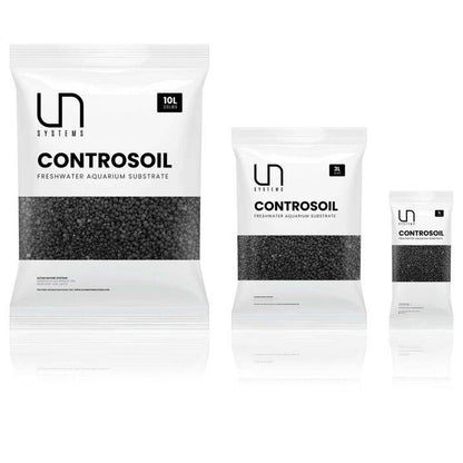 Three packages of UN Systems Controsoil aquarium substrate on a white background