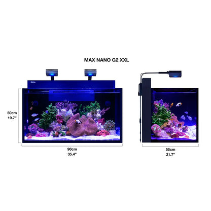 Comparison of two aquariums labeled 'MAX NANO G2 XXL' with dimensions and lighting features.