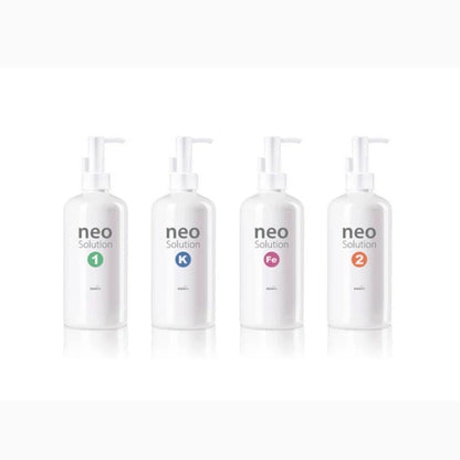 Four bottles of neo solution on a white background