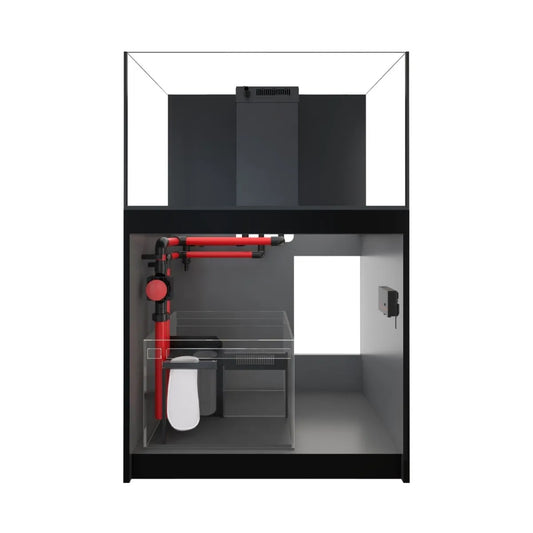 Black aquarium with red and black equipment on a white background