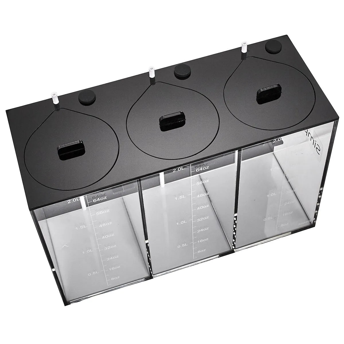 Black and clear container with measurement labels on a white background