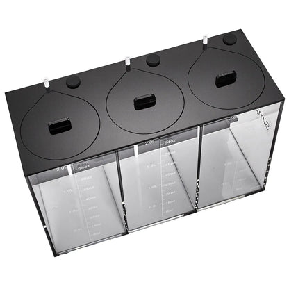 Black and clear container with measurement labels on a white background