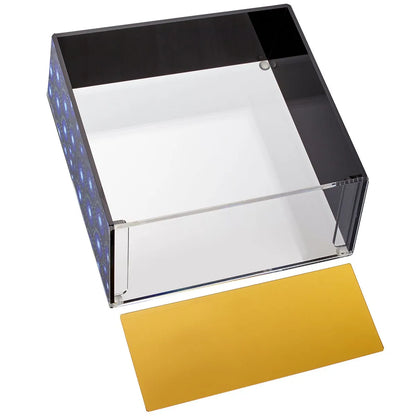 Clear acrylic block with a yellow card on a white background