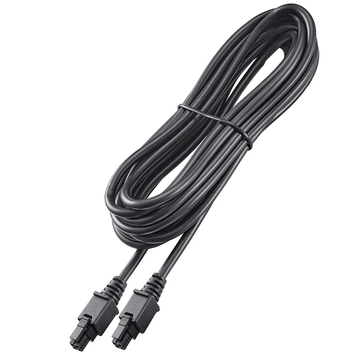 Coiled black cable with connectors on a white background