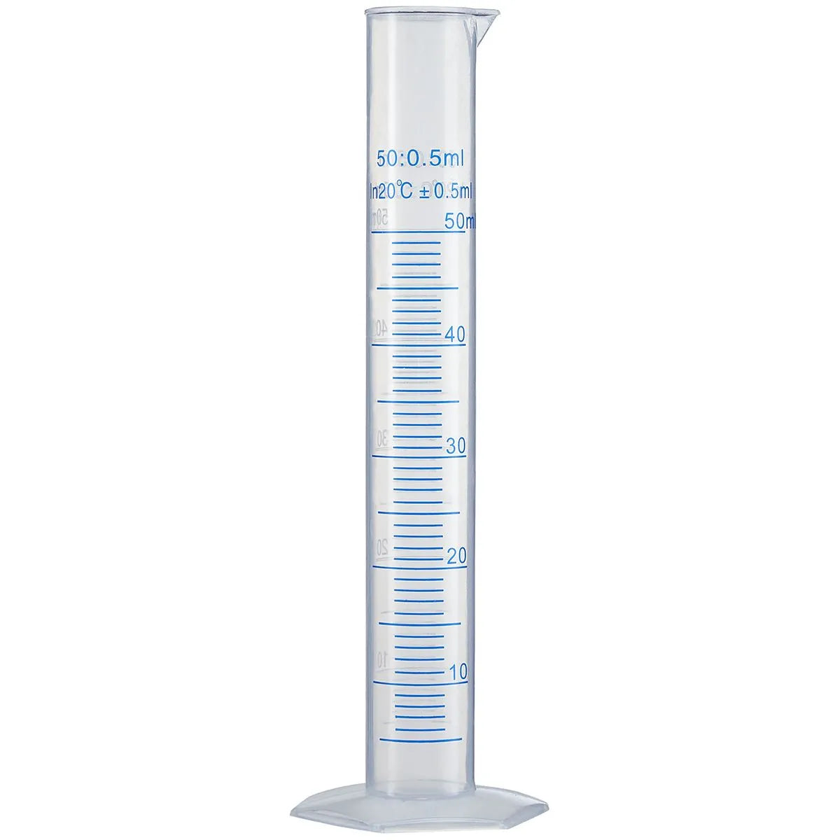 Clear graduated cylinder with blue markings on a white background