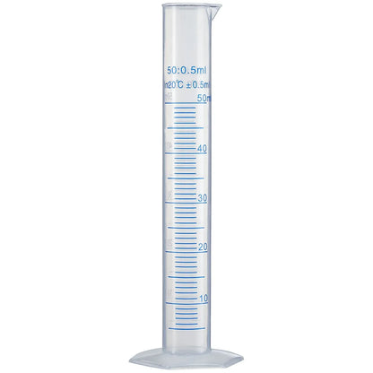 Clear graduated cylinder with blue markings on a white background