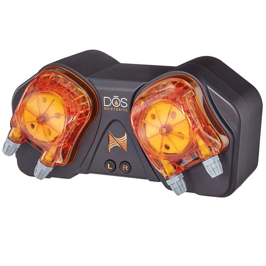neptune aquatics apex dosing pump with orange heads and a black body on a whute background