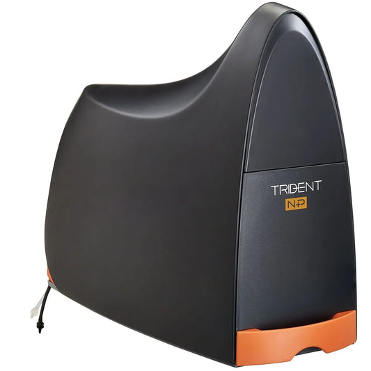 Black and orange electronic device with 'Trident' branding on a white background