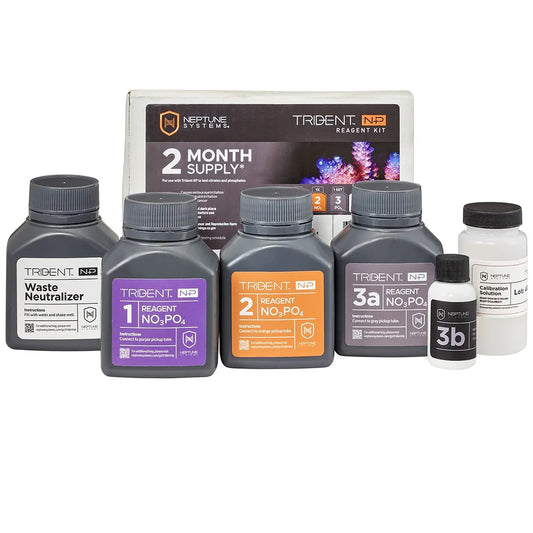 Collection of Trident NP reef tank maintenance products on a white background