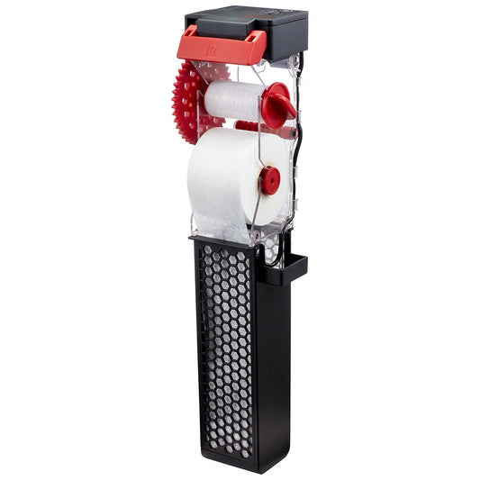 Rotating fleece roller with red and black components on a white background Aquarium FIlter called a reef mat