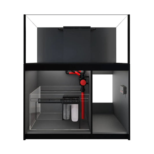 Black aquarium with transparent front panel on a white background