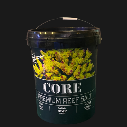 Black bucket of 'CORE Premium Reef Salt' with coral image on a black background